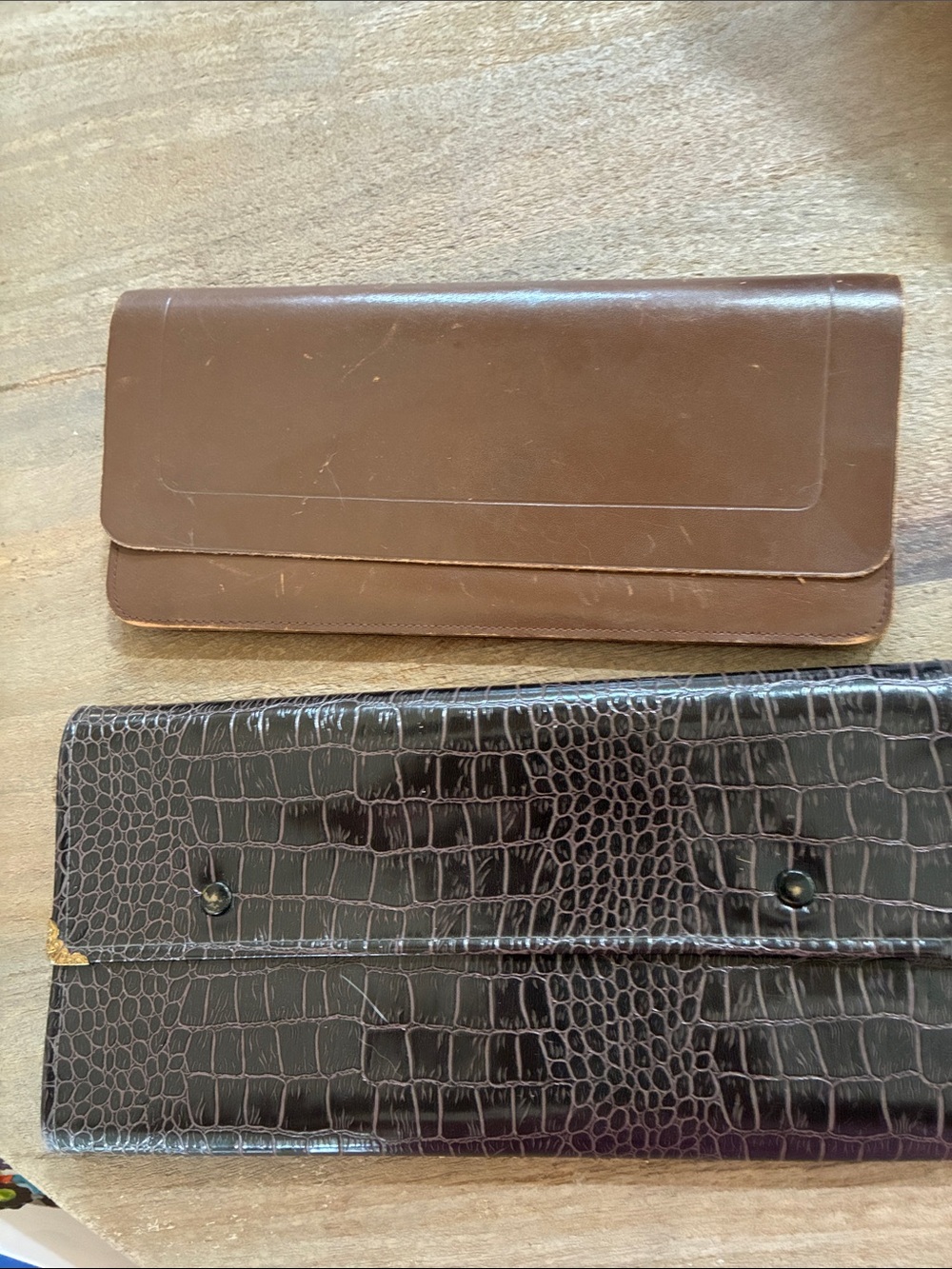 2 Brown Leather Clutch compartment document storage Vintage alligator look